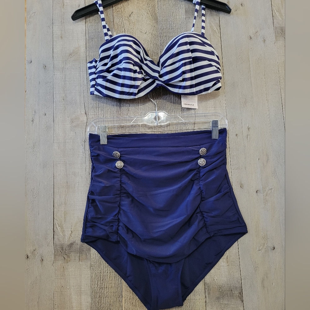 COCOSHIP Navy and White Striped Bikini Size 10